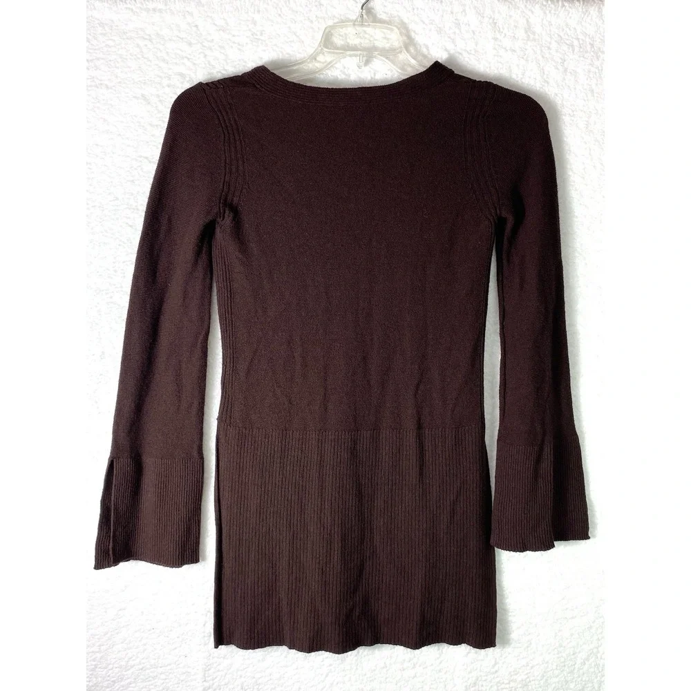Free People XS Brown Lattice V-Neck Ribbed Knit‎ Tunic Sweater Bell Sleeve Slit